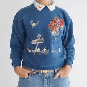 Vintage Jerzees Blue Birds Autumn Leaves Embroidered Collar Sweatshirt S